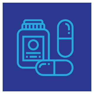 Prescription drug icon with two pills and pill bottle.